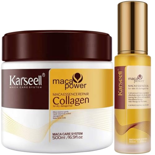 Karseell MACA CARE SYSTEM Mascarilla Capilar Profesional Colágeno 500ml + Aceite de Argán 50ml Coco Karité Hidratante Nutritivo Reparador Antifrizz Cabello Seco Dañado Teñido Encrespado Antifrizz