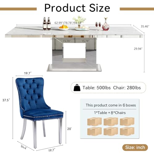 Image of 9-Piece Extendable Dining Table Set for 8, Modern 63 inch-94 inch White Faux Marble Expandable Kitchen Table Set with 8 Velvet Chairs, Large Extendable Dining Room Tables with Mirrored U-Shape Base