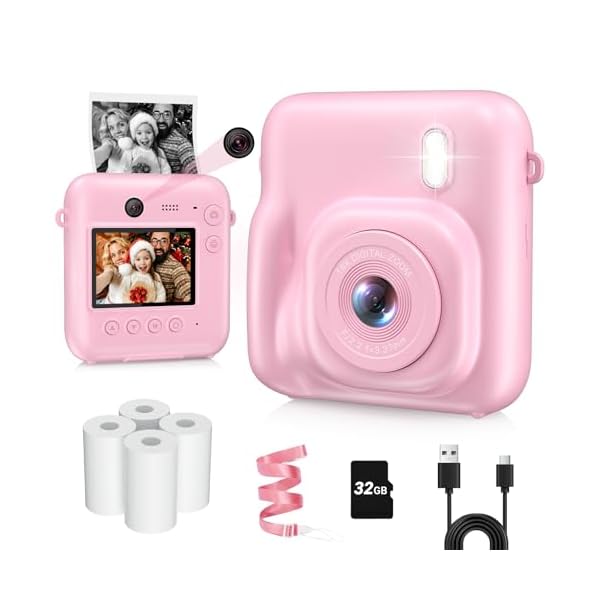 Kids Camera Instant Print, Dual-Lens 48MP Digital Camera for Christmas Birthday Gifts, 1080P Selfie Instant Cameras for Kids with 32GB SD Card, Instant Print Digital Camera for Girls Boys-Pink