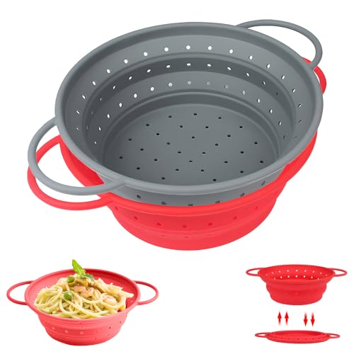 LUHOCIY 2 Piezas Plegable Colador Pasta, Escurridor Plegable De Silicona, Colador Plegable, Cesta Escurridora Para Escurrir Pasta, Verduras, Fruta Y Legumbres (Gris + Roja)