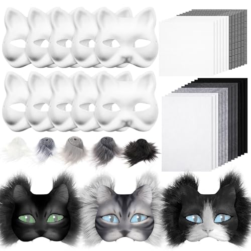 Seenelling 33 Pcs DIY Therian Mask Kit Blank Cat Mask with Felt Fabric Sheet Plush Faux Fur Eye Mesh for Therian Gear Stuff (Black Series)