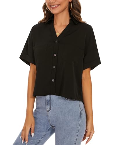 MINTLIMIT Womens Button Down Crop Tops Casual Short Sleeve Cropped Shirts Solid Lapel Blouse Shirt with Chest Pocket3
