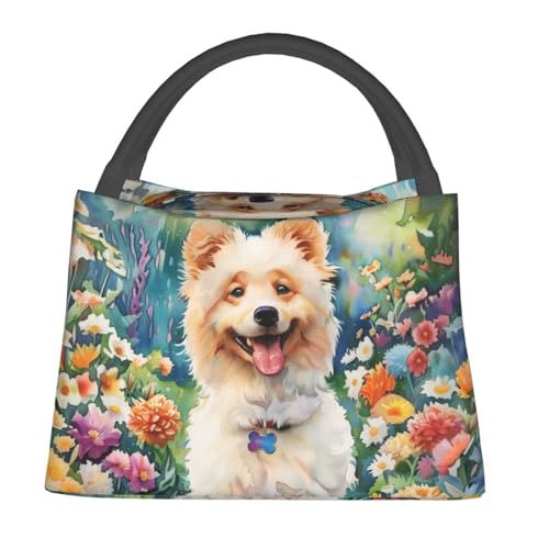 Image of NAITIZ smiling Japanese Spitz Lunch Bags For Women,Water Resistant Large Lunch Tote With Pockets,Reusable,Printed,For Office Work Picnic, Black, 20240503