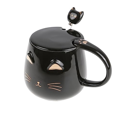 lachineuse - Taza de gato kawaii de 450 ml con tapa y cuchara - Cerámica negra y...