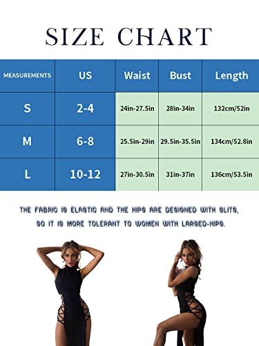 Ushiny Y2K Bodycon-Kleid, schwarzes Sexy Nachtclub Kleid mit hohem Schlitz, ärmelloses Bandage-Mode-Rave-Outfit für Frauen (DE/NL/SE/PL, Alphanumerisch, M, Regular, Regular, Schwarz)