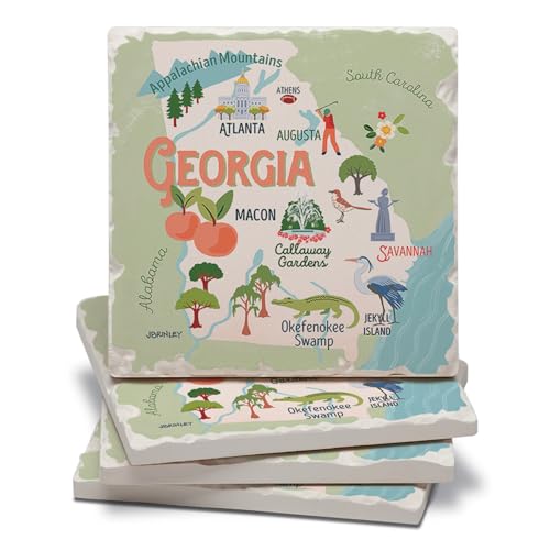 Thirstystone Georgia Attractions 4 Pack Tumbled Tile Stone Coasters with Protective Cork Backing 4" Square Manufactured in The USA