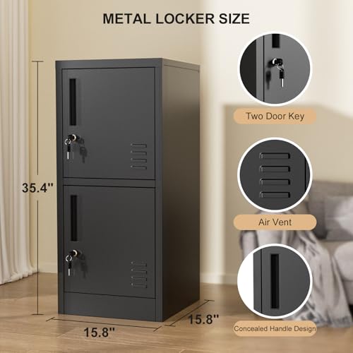 BAVNNRO 2 Door Metal Locker Storage Cabinet with Locking Doors and Shelves File Cabinet Organizer Suitable for Office, Home, Living Room (Black)