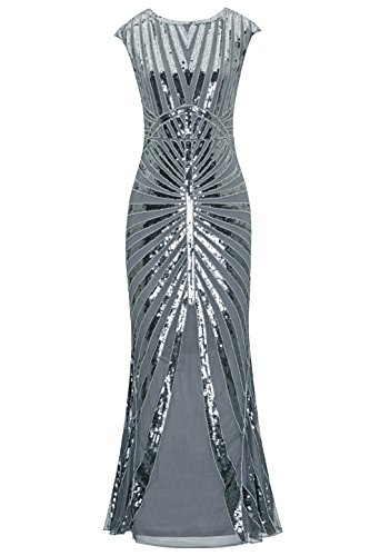 Metme Women's 1920s Long Flapper Dresses Sequin Roaring 20s Gatsby Dress for Party Grey Silver