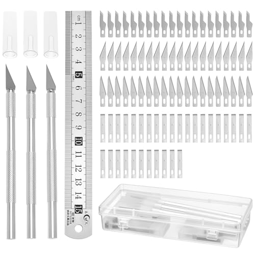 QWORK® Coffret de 3 couteaux à découper avec capuchon de protection, scalpel, règle en acier et 90 lames de rechange | Polyvalent pour les loisirs créatifs
