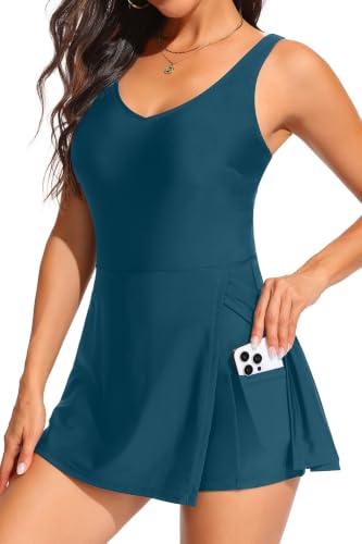 Image of One Piece Swimdress Tummy Control Swimsuit Modest Bathing Suit with Shorts