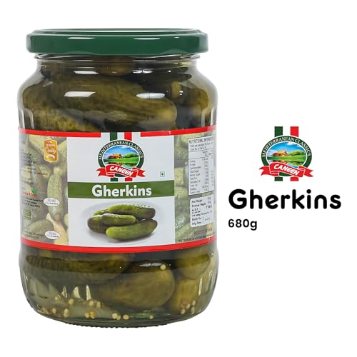 Image of CANEEN Gherkins 680g in Glass Jar | Crunchy, Tangy Pickles | Perfect for Snacks & Sandwiches | pack of 1