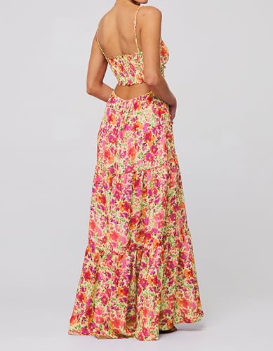 Image of Womens Vintage Floral Long Dress Y2k Spaghetti Strap Tie Back Hollow Out Maxi Dress Summer Beach Party Sundress