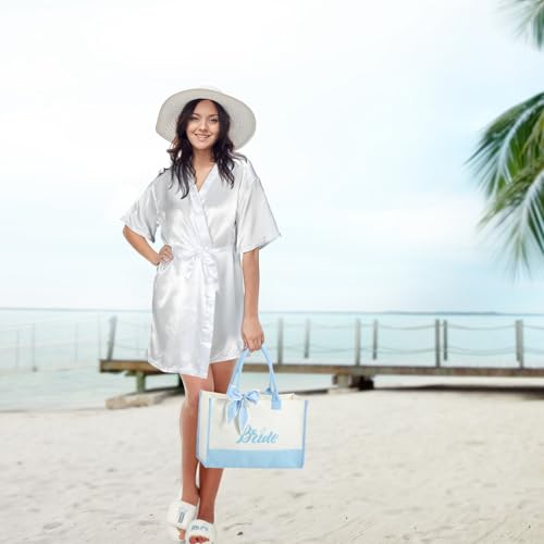 Berlune 3 Pcs Bride to Be Something Blue Gift Bridal Shower Gift Bride Robes Slippers Tote Bag for Bachelorette Beach Wedding4