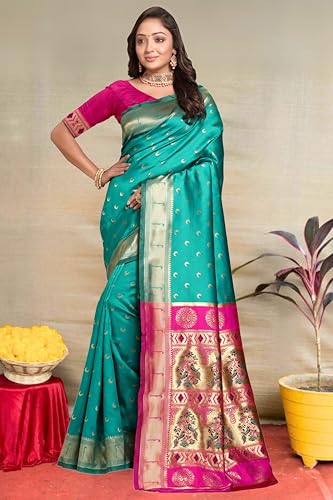 Image of C J Enterprise Women's Pure Kanjivaram Silk Saree Paithani Soft Wedding Sarees With Blouse Piece (Chand paithani)