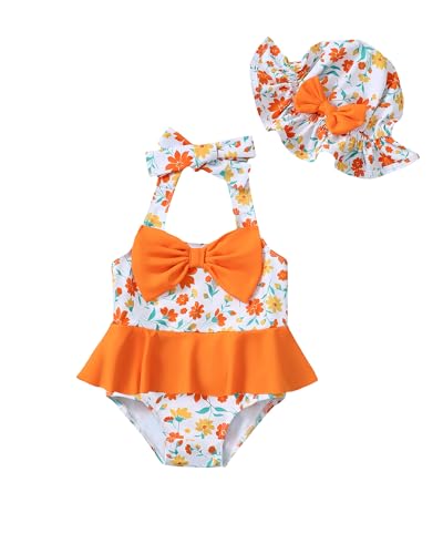 Image of Kucnuzki Baby Girl Swimsuit Newborn One Piece Bathing Suit Bow Tie Bikini Tankini Infant Swimwear with Hat