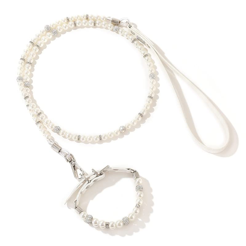Bling Pet Dog Collare per cani,Set Guinzaglio e Collare per Cani,Animale Domestico Collare di Perle con Cristallo,Regolabile Set di guinzaglio per cani e gatti Per gattino,cucciolo (S, Set bianco)
