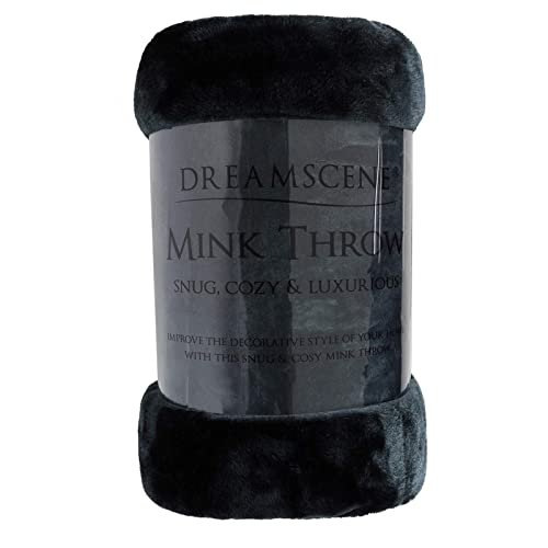 Dreamscene Luxury Faux Fur Mink Fleece Throw Over Sofa Bed Soft Warm Blanket, Black, 125 x 150cm