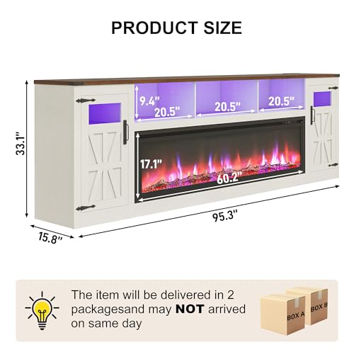 Image of Fireplace TV Stand for 100 Inch TV, 95 inch Farmhouse Entertainment Center with 60 inch Electric Fireplace & LED Lights, Large Media Console for Living Room, Rustic Barn Doors, Power Outlets, Antique White