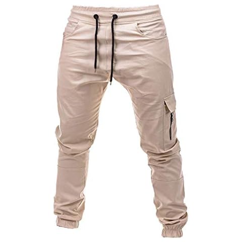 Men's Sweatpants Jogger Pants Sport Casual Drawstring Elasticated Waist Slim Fit Trousers Goosun Fitness Tracksuit Jogging Bottoms Multi Pockets Leisure Sportswear Trousers Beige Cover