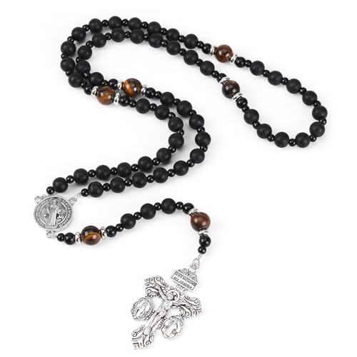 Black Rosary Beads Catholic for Men,Rugged Onyx Rosary,Pardon Crucifix Rosary with St Benedict and Milagrosa Medal,Cruz Del Perdon Catolica,Crucifijo Del Perdon,Rosarios Catolicos Para Hombre