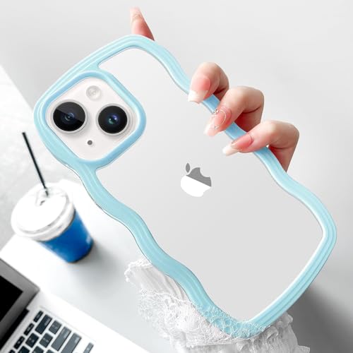 Image of MIDOS Back Cover Compatible with iPhone 15, Cute Curly Wave Frame Clear Case for Girls Women, Transparent Soft Silicone TPU Bumper Shockproof Protective Cover for iPhone 15 (Blue)