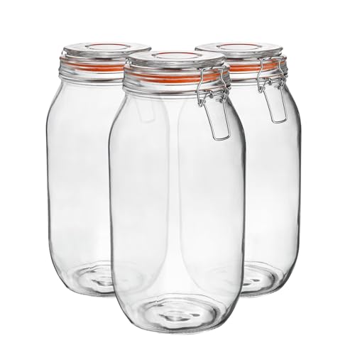 Argon Tableware Glass Jar with Airtight Metal Clip Lid - 2000ml/70.3oz - 3 Pack - 4 Colour Seals - Extra Large Storage Container Round Preserving Jar for Pickling Chutney Jam Coffee Biscuit