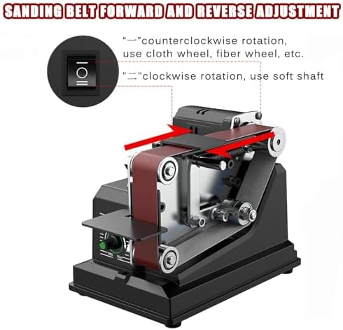 Mini belt sander, electric bench sander, belt speed 10 m/s, stepless adjustment, forward and reverse switch, dual feed, for wood, metal, crafts, DIY projects
