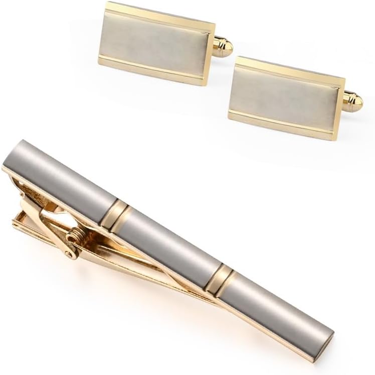 Men's tie clip cuff link set gold-plated stud
