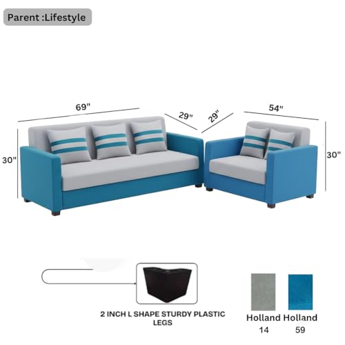 Image of FURNY Lifestylio 5 Seater Fabric 3+2 Sofa Set (Light Grey-Aqua Blue) Premium Velvet Finish | Ideal for Living Rooms, Offices