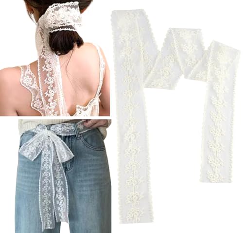 White Lace Ribbon Scarf Belt Fancy Long Lace Scarf Belts for Women Waist Belts for Jeans Floral Bow Waistband Tie Belt Soft Mesh Fabric Waist Scarves Headscarf Women's Streetwear Accessories