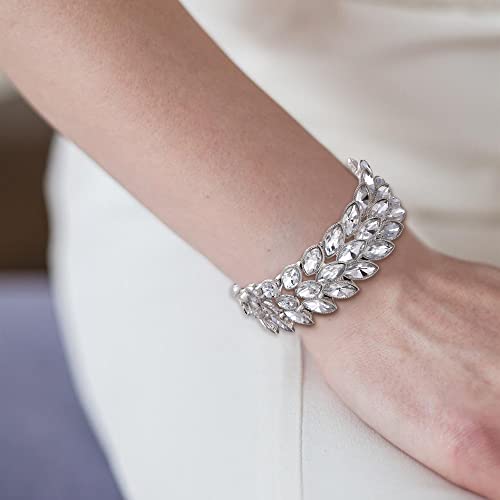 EVER FAITH Rhinestone Art Deco Wrist Jewelry for Prom 3 Marquise Crystal Leaf Elastic Stretch Bracelet2