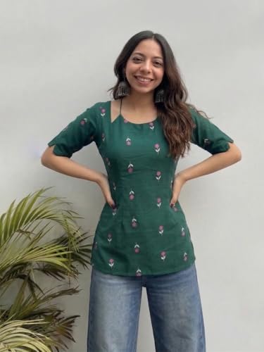 Image of ANNI Designer Short Kurti for Women Viscose Blend Printed Ethnic Tunic | Stylish Kurti Tops with Jeans Styling | Casual Office Wear | Trendy Indian Fashion for Woman