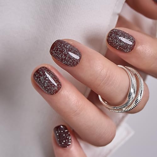 Image of CurvLife Extra Short Square Press On Nails, Brown, Cocoa Stardust, Soft Gel