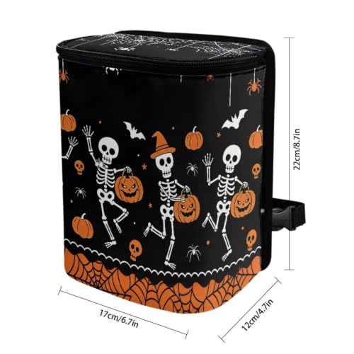 Image of Talayituse Skeleton Pumpkin Bat Print Car Trash Can Portable Auto Garbage Bin Multifunctional Vehicle Interior Accessories with Adjustable Straps Universal Fit Truck SUV Sedan Halloween Decor
