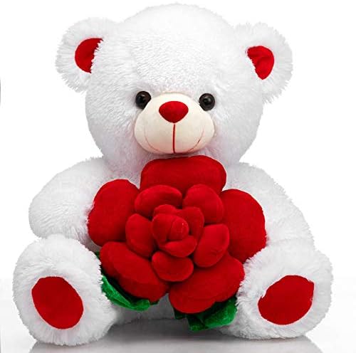 BEJOY Teddy Bear Stuffed Animals Plush Bear Holding Rose Soft Plush Toy Valentine's Day, 16 Inch, White