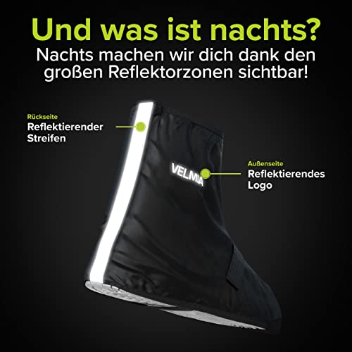 VELMIA Schuhüberzieher wasserdicht Schwarz I Regenschutz Schuhe Fahrrad mit reflektierendem Material und verstärkter Spitze I Regen Überschuhe Fahrrad