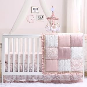 The Peanutshell 4 Piece Baby Crib Bedding Set for Girls – Newborn, Infant & Toddler Nursery Bed Set Decor with Two Crib Sheets, Dust Ruffle Comforter – Grace