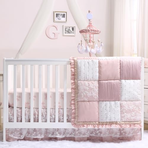 Image of The Peanutshell 4 Piece Baby Crib Bedding Set for Girls - Newborn, Infant & Toddler Nursery Bed Set Decor with Two Crib Sheets, Dust Ruffle Comforter - Grace