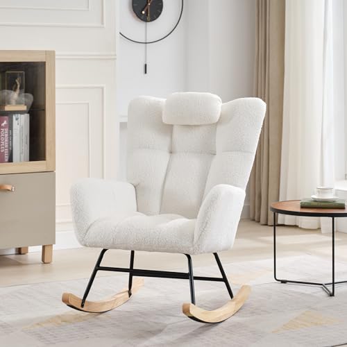 Image of Teddy Upholstered Rocking Chair for Nursery, Fluffy Glider Rocker for Adults, Ideal for Small Spaces - Nursing Chair for Living Room, Bedroom, Beige