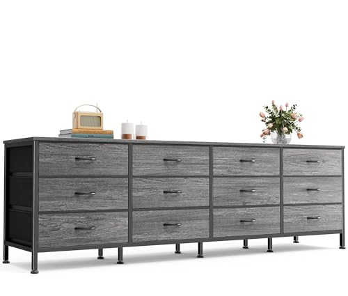 Huuger 70 Inch Dresser for Bedroom, TV Stand for 65, 75, 80 Inch TV, 12 Fabric Drawer Long Dresser, Large Storage Organizer Unit, Wide Chest of Drawer with Storage, for Living Room, Grey