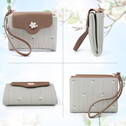Small Wristlet Wallets for Women, Soft PU Leather Womens Credit Card Wallet Cute Flowers Small Zipper Wallet with Wrist Strap Coin Purse for Dating Traveling (Gray)3