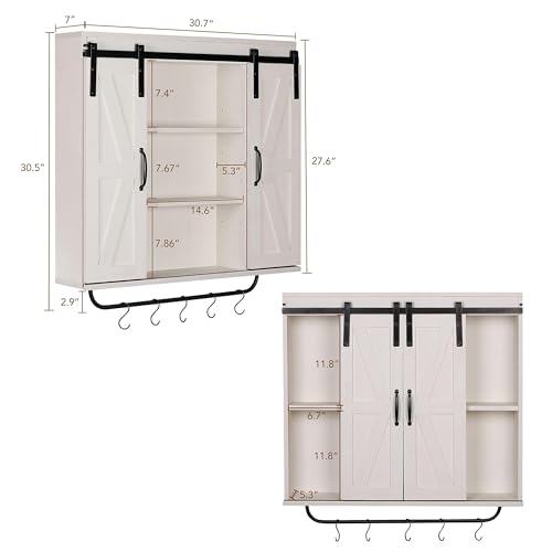Image of RUSTOWN Farmhouse Bathroom Wall Cabinet with Sliding Barn Door & Towel Rack