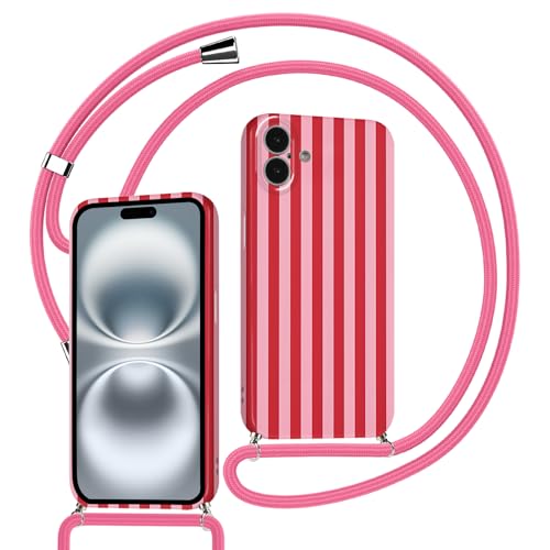 Kueqeay Handyband für iPhone 16 6 1 Hülle mit Band Kette Aesthetic Rosarot Gestreift Striped Motiv Verstellbarer Halskette Handyhülle mit Kordel zum umhängen Silikon Stoßfest Schutzhülle 01
