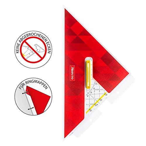 Aristo AR17679B TZ-Dreieck AR1650/4 mit passender Geosaver Schutzhülle (Dreieck Hypotenuse 25cm, Tuschenoppen und Facetten, lösbarer Griff, Hülle mit Ordnerleiste, Kunststoff) rot, transparent