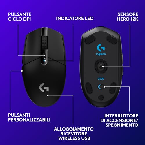 G305 LIGHTSPEED Mouse Gaming Wireless, Sensore 12K HERO, 12.000 DPI, Design Leggero, 6 Pulsanti Programmabili, Batteria 250 Ore, Memoria Integrata, PC/Laptop - Nero - Mouse gaming - Immagine 6