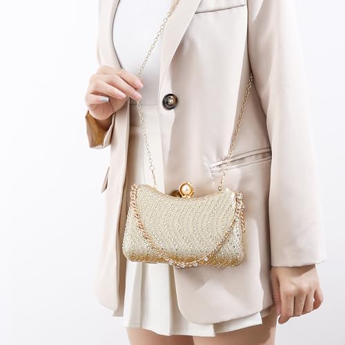 Image of Women's Clutch Crystal Rhinestone Purse With Chain Pearl Clasp Evening Wedding Diamond Handbag