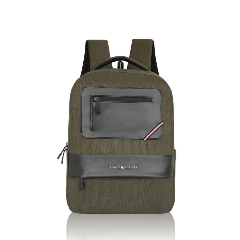 Image of Tommy Hilfiger Unisex Backpack Blackburn - Olive+Black | Water-Resistant | Padded Laptop Sleeve | Trolley Holder | Stylish & Trendy Backpack For Daily Use, Office, Work & Travel | 20L Capacity