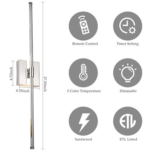 Image of LED Wall Sconce with Remote Control, LED Wall Light, 5 Colors 3000K-6500K & Dimmable, Hardwire Wall Lamp for Living Room, Bedroom, Chrome