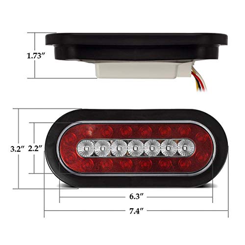 Partsam 2Pcs 6.3" Inch Oval Truck Trailer Led Tail Stop Brake Lights Taillights Running Red And White Backup Reverse Lights, Sealed 6.3 Inch Oval Led Trailer Tail Lights W Reflectors Flush Mount #TOP5