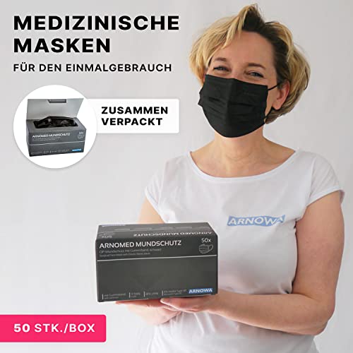 ARNOMED 50x Medizinische Mundschutzmaske Schwarz, CE Zertifizierte Op Maske, Medical Face Mask, Schutzmaske Mund & Nase, Einwegmasken, Chirugischer Mundschutz, Klinische Gesichtsmasken